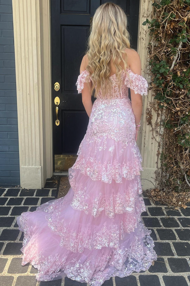 Off the Shoulder Mermaid Prom Dress Tiered Formal Dress Sequined Tulle Evening Dress