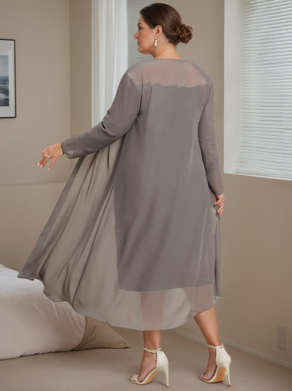 Off-the-Shoulder Plus Size Mother of the Bride Dress with 3/4 Sleeves and Jacket Knee-Length Sheath/Column Style