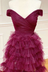 Off the Shoulder Prom Dress Pleated Sheer Tiered Evening Dress