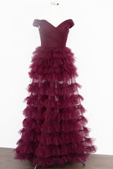 Off the Shoulder Prom Dress Pleated Sheer Tiered Evening Dress
