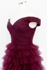 Off the Shoulder Prom Dress Pleated Sheer Tiered Evening Dress