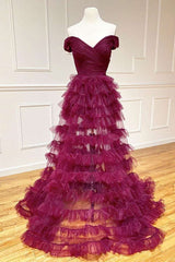 Off the Shoulder Prom Dress Pleated Sheer Tiered Evening Dress