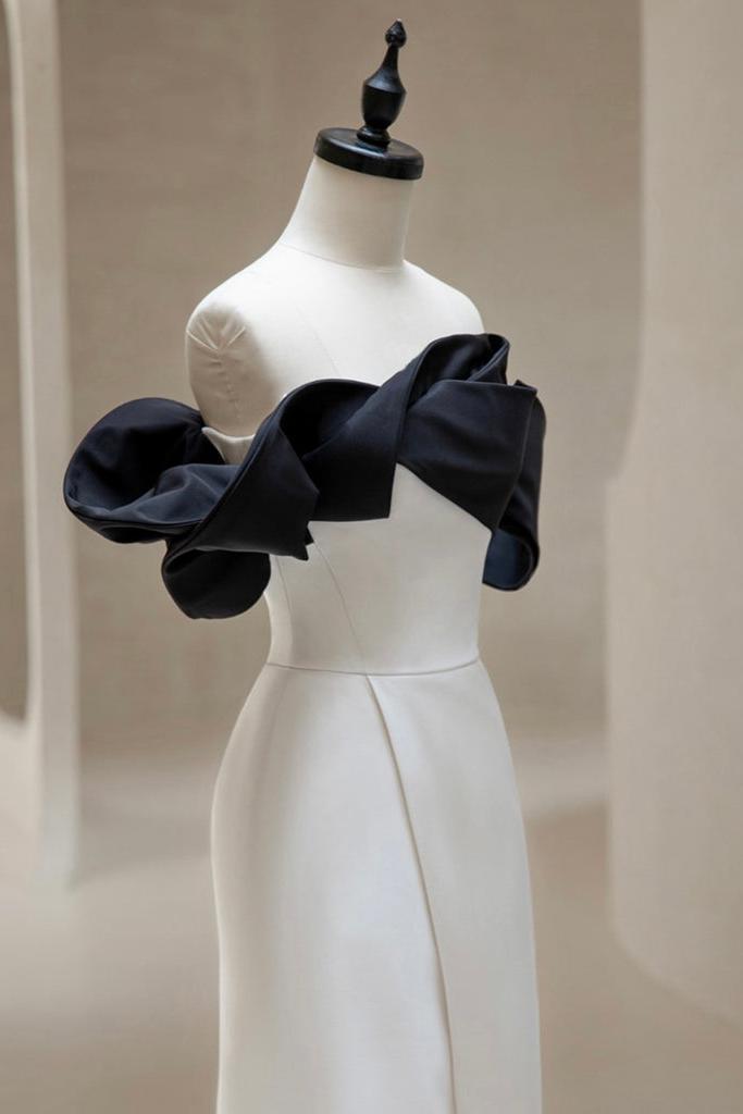 Off the Shoulder Prom Dress Satin Black/Ivory Long Evening Dress