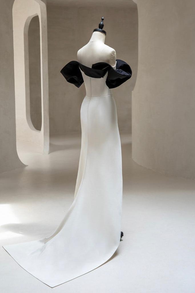Off the Shoulder Prom Dress Satin Black/Ivory Long Evening Dress