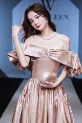 Off the Shoulder Prom Dress Satin Long Champagne Evening Dress