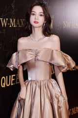 Off the Shoulder Prom Dress Satin Long Champagne Evening Dress