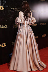Off the Shoulder Prom Dress Satin Long Champagne Evening Dress