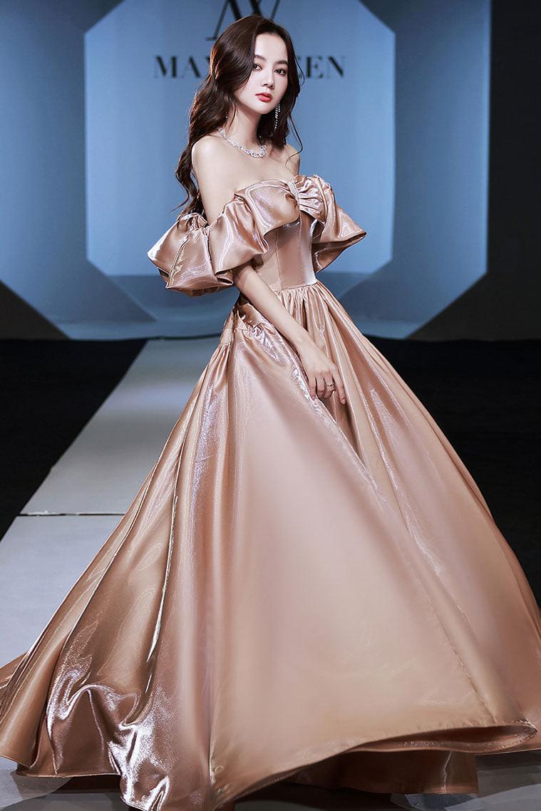Off the Shoulder Prom Dress Satin Long Champagne Evening Dress