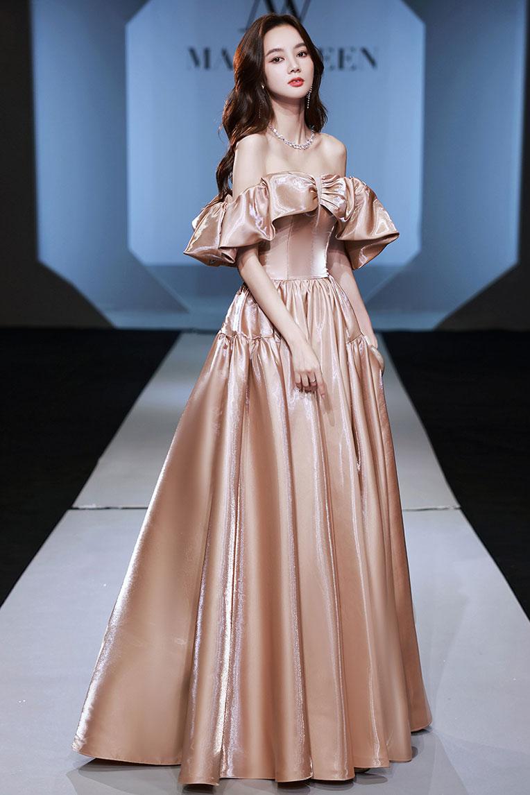 Off the Shoulder Prom Dress Satin Long Champagne Evening Dress