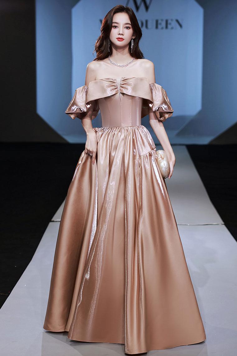 Off the Shoulder Prom Dress Satin Long Champagne Evening Dress