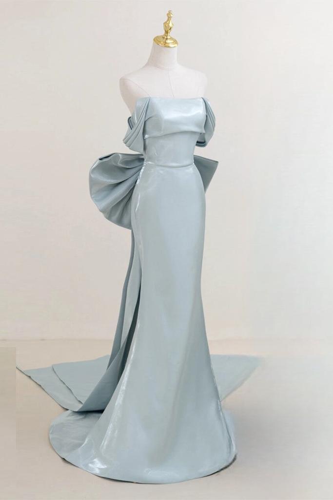 Off the Shoulder Satin Blue Prom Dress Long Formal Dress Evening Dress