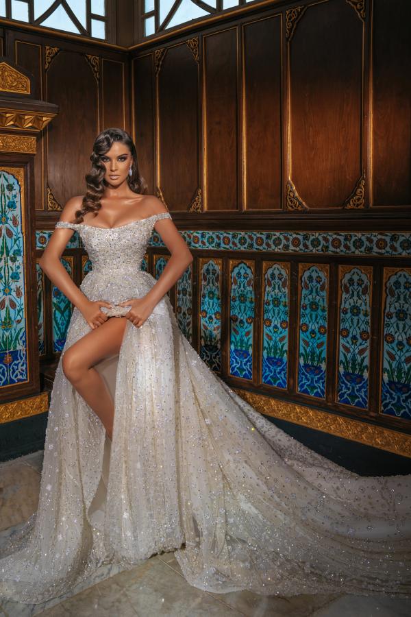Off the Shoulder Sequined Long Wedding Dress with Slit