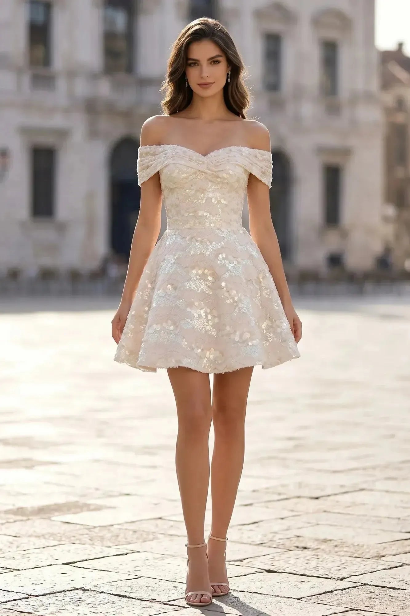 Off-the-Shoulder Sequined Mini Dress with Sweetheart Neckline Homecoming Dresses