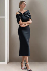 Off-the-Shoulder Short Sleeve Tea-Length Mother of the Bride Sheath Dress
