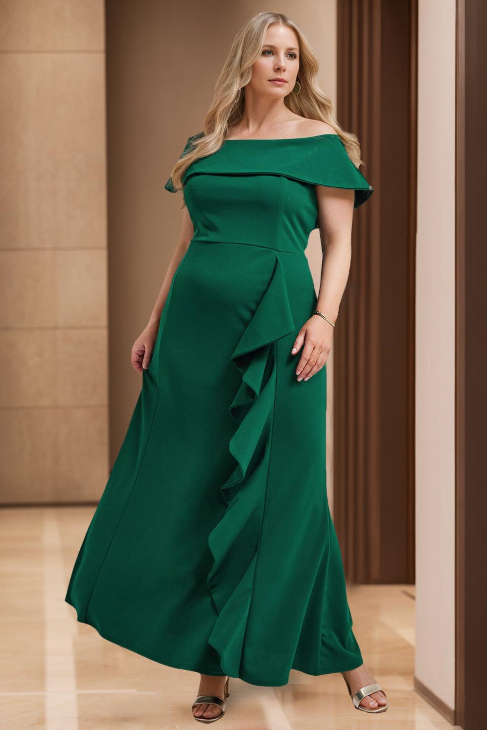 Off-the-Shoulder Sleeveless Floor-Length Plus Size Ruffled Sheath/Column Mother of the Bride Dress