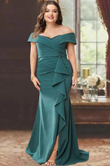 Off-the-Shoulder Sleeveless Plus Size Mother of the Bride Gown with Ruffles