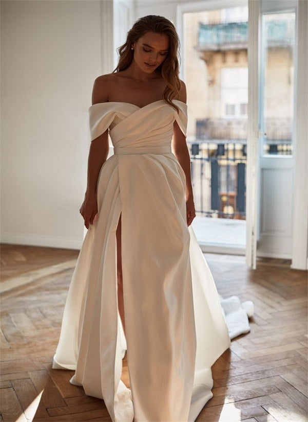 Off the Shoulder Sleeveless Satin Court Train Wedding Dress