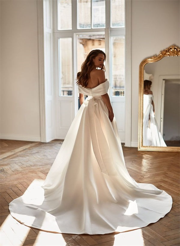 Off the Shoulder Sleeveless Satin Court Train Wedding Dress