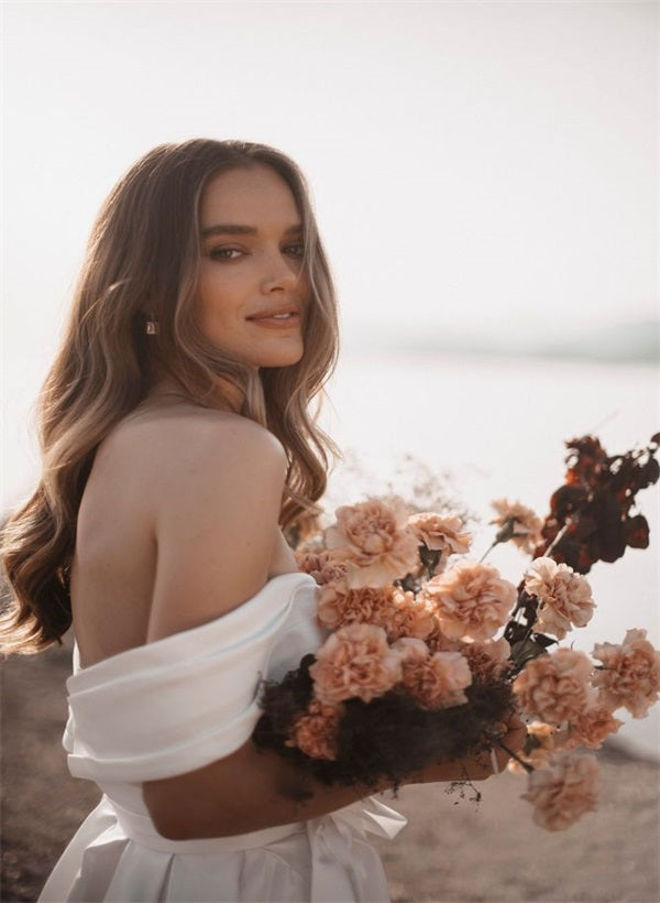 Off the Shoulder Sleeveless Satin Court Train Wedding Dress