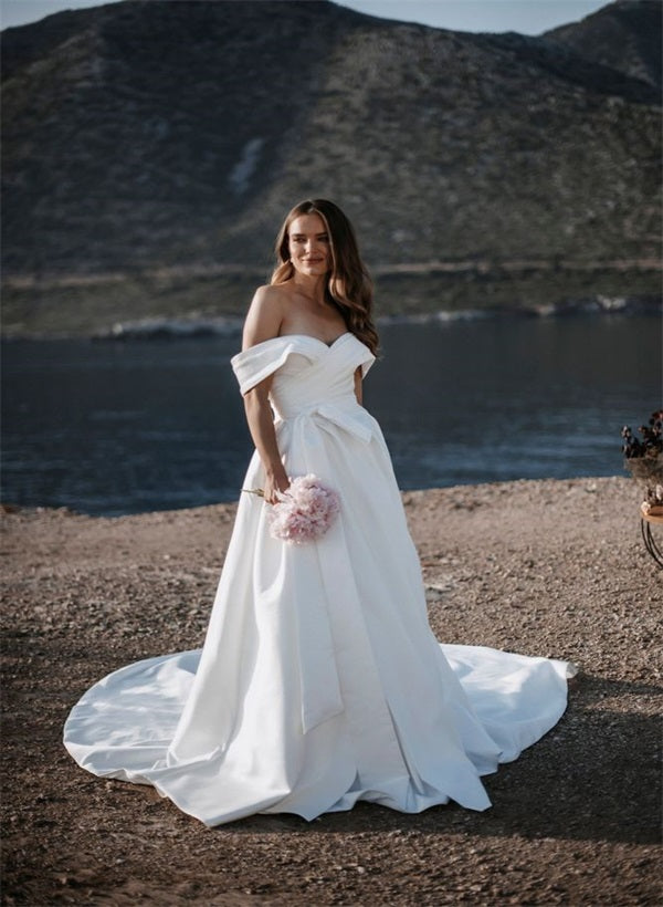 Off the Shoulder Sleeveless Satin Court Train Wedding Dress
