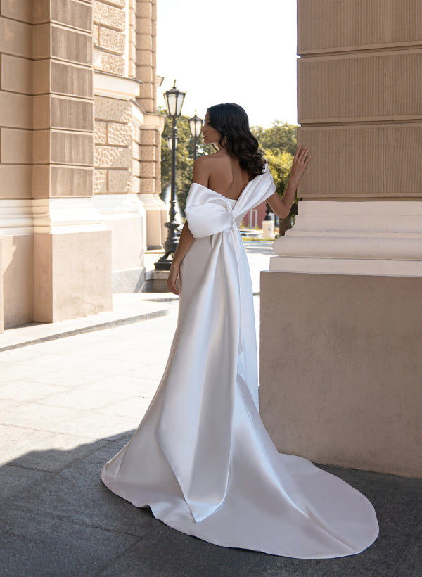Off the Shoulder Sleeveless Satin Sweep Train Wedding Dress With Bow(s)