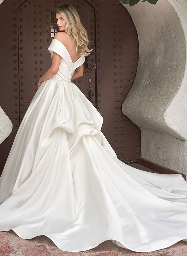 Off the Shoulder Vintage Satin Wedding Dress With Ruffle/Pockets