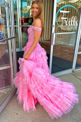 Off the shoulder Pink Prom Dress Ruffle Tulle Long Evening Dress with Appliques