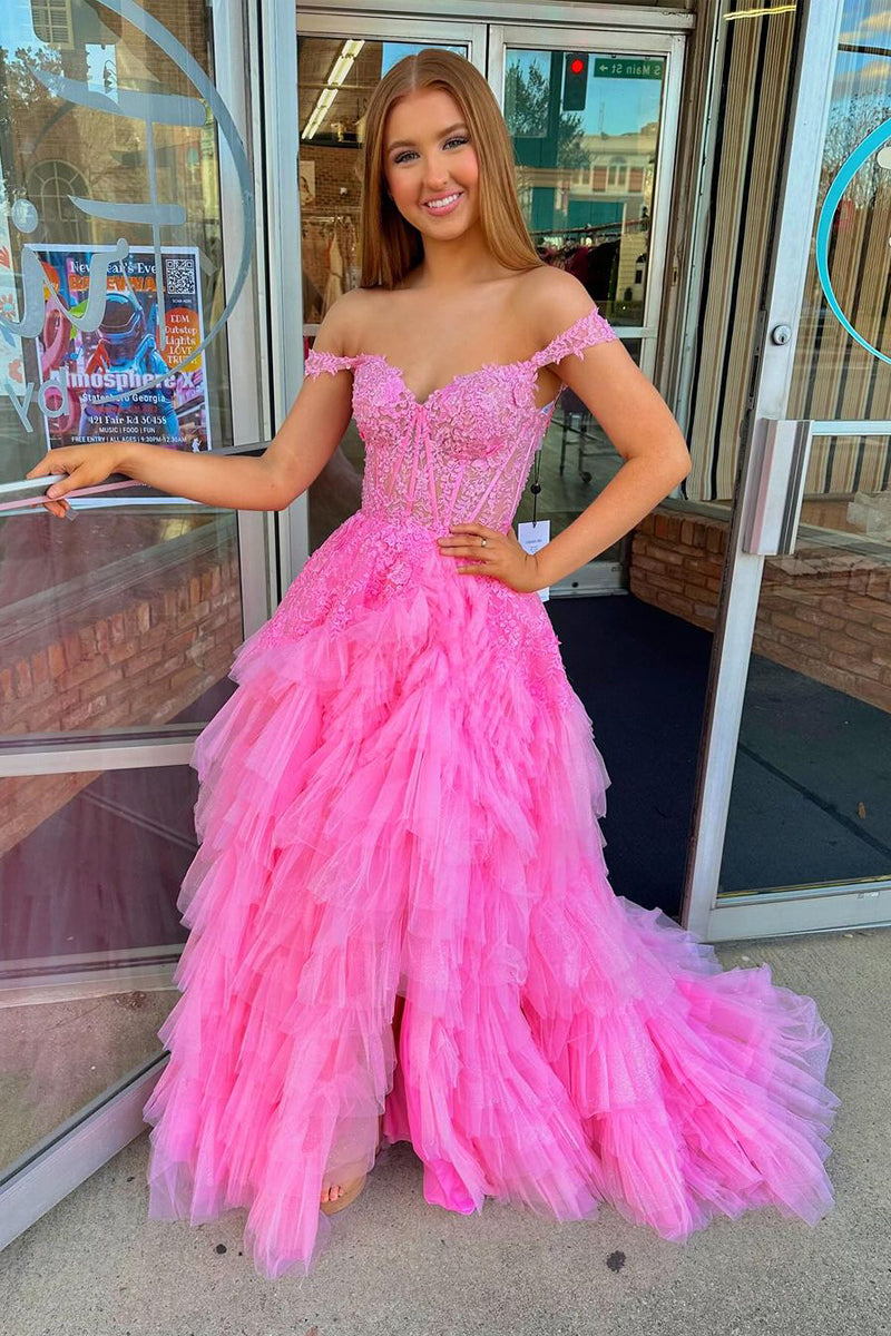 Off the shoulder Pink Prom Dress Ruffle Tulle Long Evening Dress with Appliques