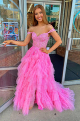 Off the shoulder Pink Prom Dress Ruffle Tulle Long Evening Dress with Appliques