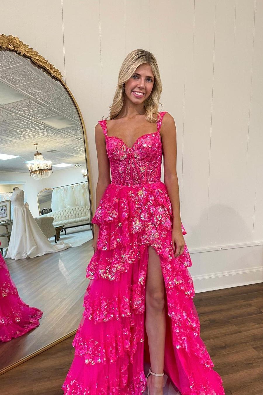 Off the shoulder Prom Dress A Line Tiered Elegant Evening Dress with Split