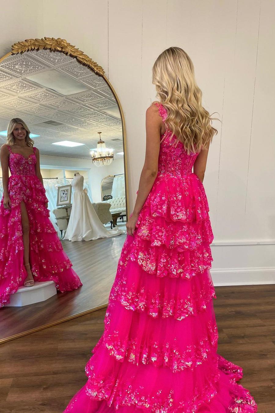 Off the shoulder Prom Dress A Line Tiered Elegant Evening Dress with Split