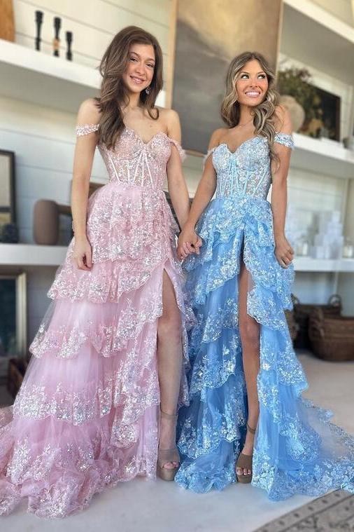 Off the shoulder Prom Dress A Line Tiered Elegant Evening Dress with Split