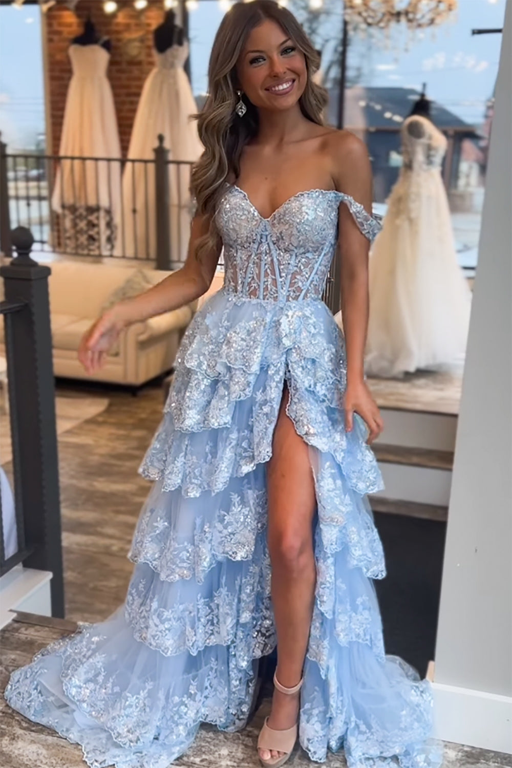 Off the shoulder Prom Dress A Line Tiered Elegant Evening Dress with Split
