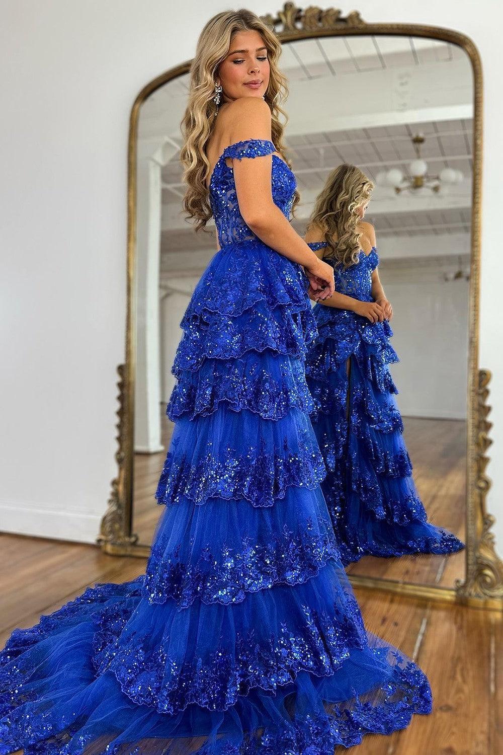 Off the shoulder Prom Dress A Line Tiered Elegant Evening Dress with Split | Dressystars Off the shoulder Prom Dress A Line Tiered Elegant Evening Dress with Split | Dressystars