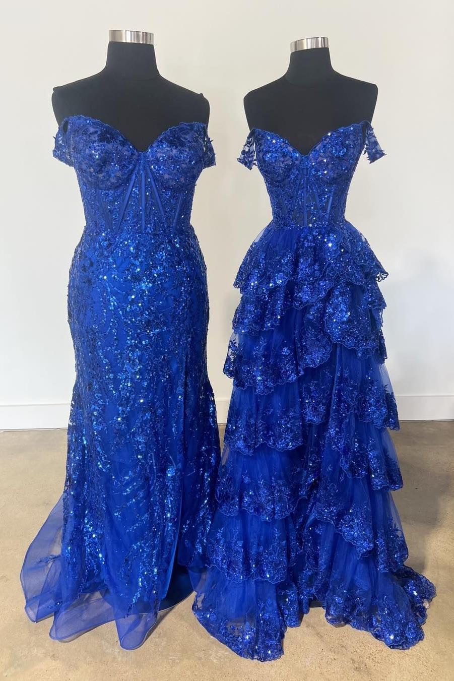 Off the shoulder Prom Dress A Line Tiered Elegant Evening Dress with Split