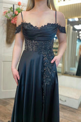 Off the shoulder Prom Dress Beaded A Line Formal Dress Evening Dress With Split