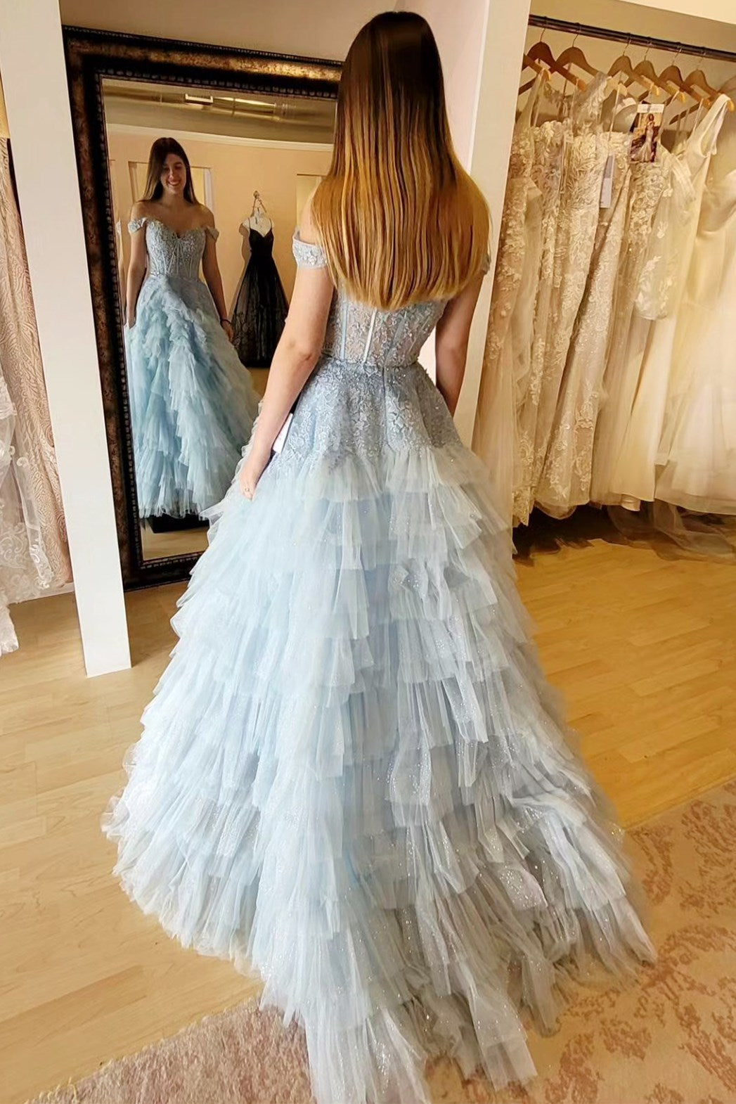 Off the shoulder Prom Dress Ruffle Tiered Long Light Blue Evening Dress