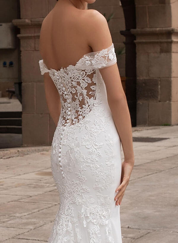 Off the shoulder Satin Lace Chapel Train Wedding Dress With Lace Trumpet/Mermaid