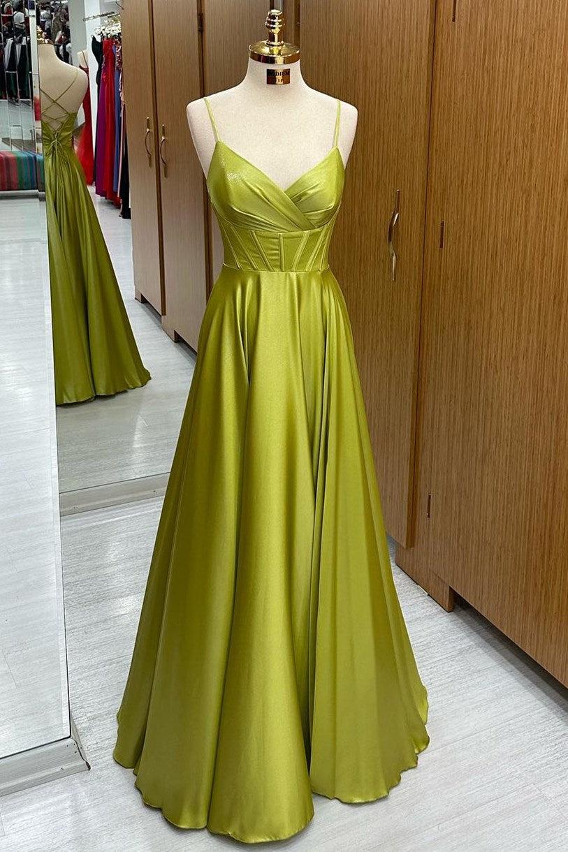 Olive Green Prom Dress Corset Lace Up A Line Long Formal Dress Evening Dress