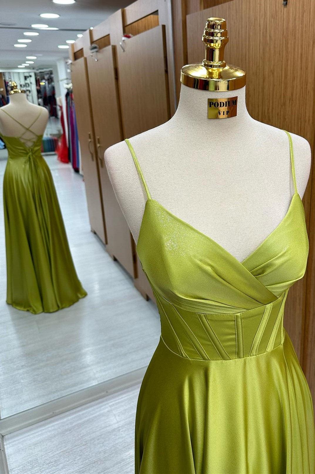 Olive Green Prom Dress Corset Lace Up A Line Long Formal Dress Evening Dress