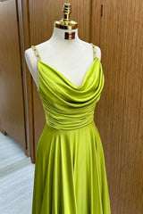 Olive Green Prom Dress Cowl Neck Chain Strap A Line Long Evening Dress