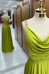 Olive Green Prom Dress Cowl Neck Chain Strap A Line Long Evening Dress