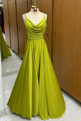 Olive Green Prom Dress Cowl Neck Chain Strap A Line Long Evening Dress