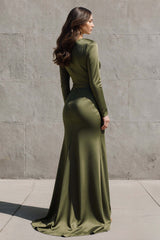 Dressystars Olive Mermaid Boat Neck Satin Ruched Long Sleeves Evening Dress With Slit