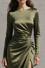 Dressystars Olive Mermaid Boat Neck Satin Ruched Long Sleeves Evening Dress With Slit