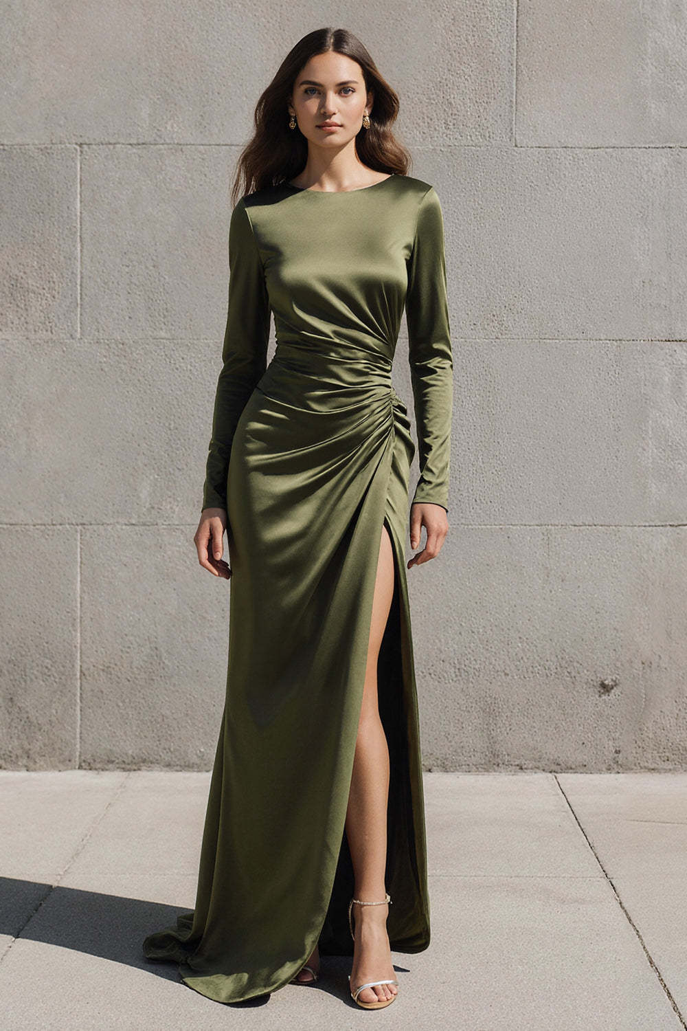 Dressystars Olive Mermaid Boat Neck Satin Ruched Long Sleeves Evening Dress With Slit