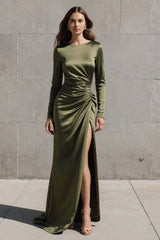 Dressystars Olive Mermaid Boat Neck Satin Ruched Long Sleeves Evening Dress With Slit