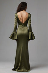 Dressystars Olive Satin Square Neck Mermaid Flare Sleeves Long Evening Dress With Slit