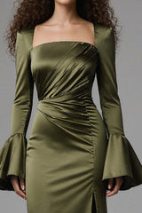 Dressystars Olive Satin Square Neck Mermaid Flare Sleeves Long Evening Dress With Slit