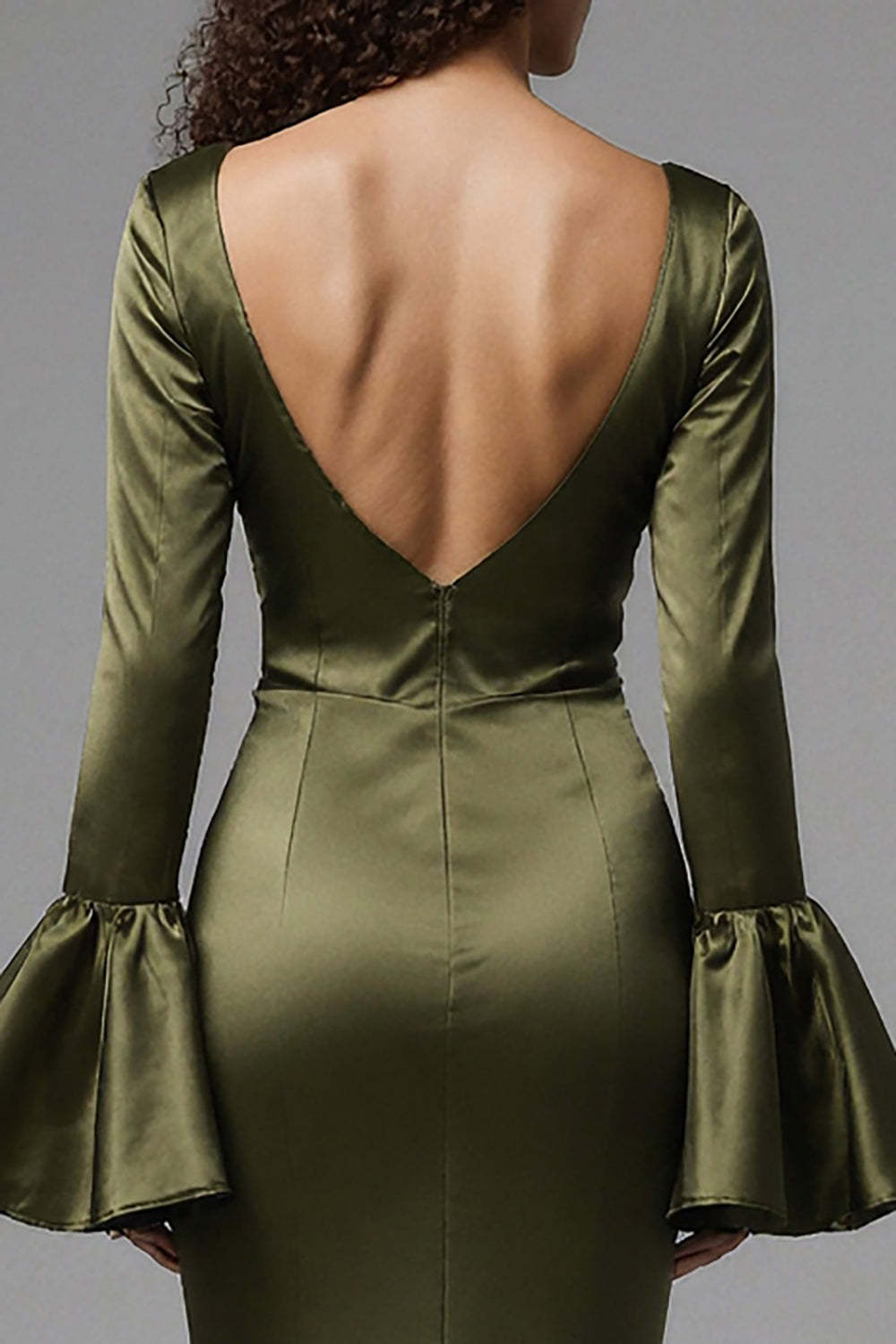 Dressystars Olive Satin Square Neck Mermaid Flare Sleeves Long Evening Dress With Slit